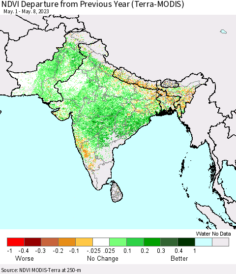 Southern Asia NDVI Departure from Previous Year (Terra-MODIS) Thematic Map For 5/1/2023 - 5/8/2023