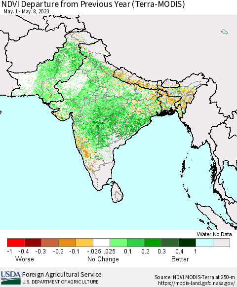 Southern Asia NDVI Departure from Previous Year (Terra-MODIS) Thematic Map For 5/1/2023 - 5/10/2023