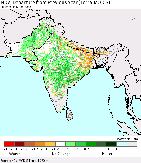 Southern Asia NDVI Departure from Previous Year (Terra-MODIS) Thematic Map For 5/9/2023 - 5/16/2023