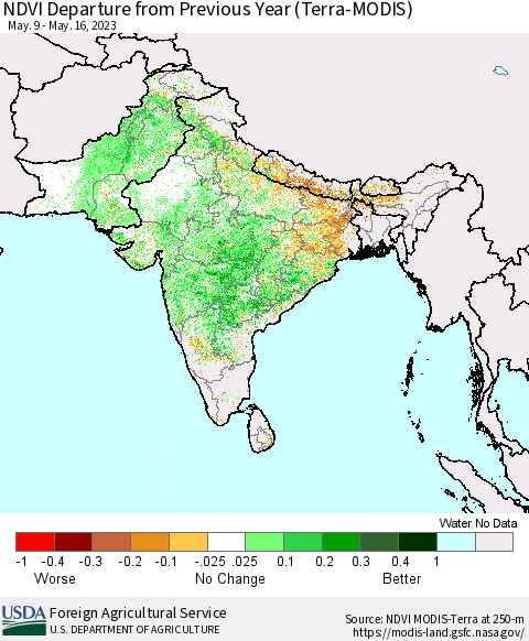 Southern Asia NDVI Departure from Previous Year (Terra-MODIS) Thematic Map For 5/11/2023 - 5/20/2023