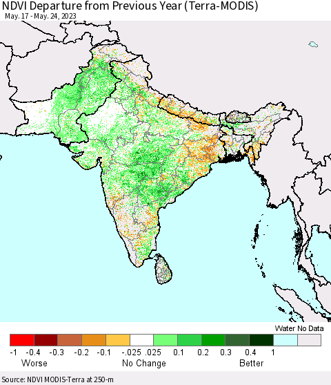 Southern Asia NDVI Departure from Previous Year (Terra-MODIS) Thematic Map For 5/17/2023 - 5/24/2023