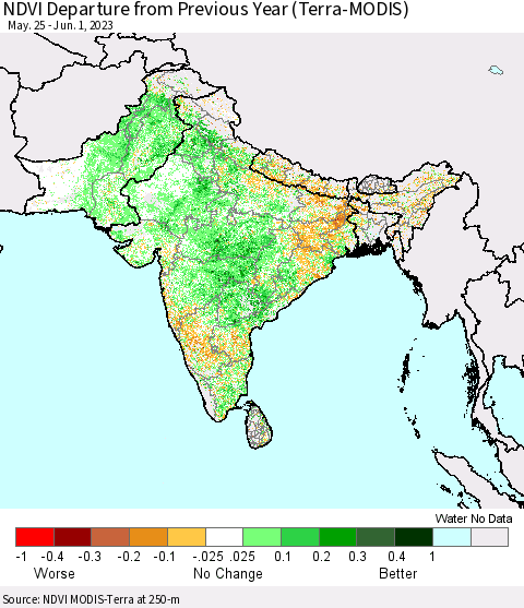 Southern Asia NDVI Departure from Previous Year (Terra-MODIS) Thematic Map For 5/25/2023 - 6/1/2023