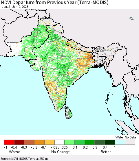 Southern Asia NDVI Departure from Previous Year (Terra-MODIS) Thematic Map For 6/2/2023 - 6/9/2023