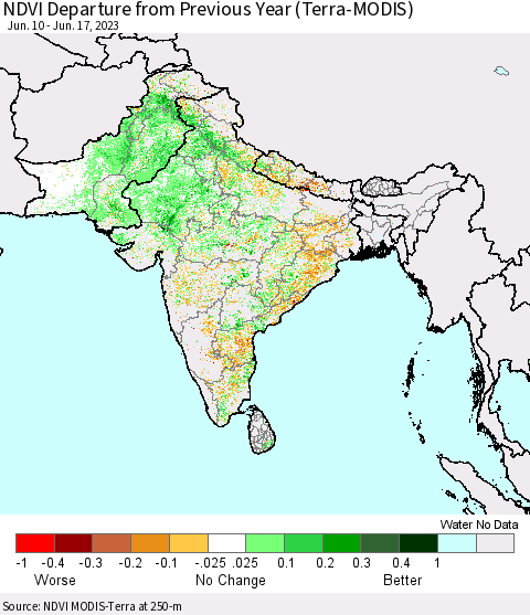 Southern Asia NDVI Departure from Previous Year (Terra-MODIS) Thematic Map For 6/10/2023 - 6/17/2023