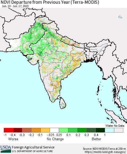 Southern Asia NDVI Departure from Previous Year (Terra-MODIS) Thematic Map For 6/11/2023 - 6/20/2023
