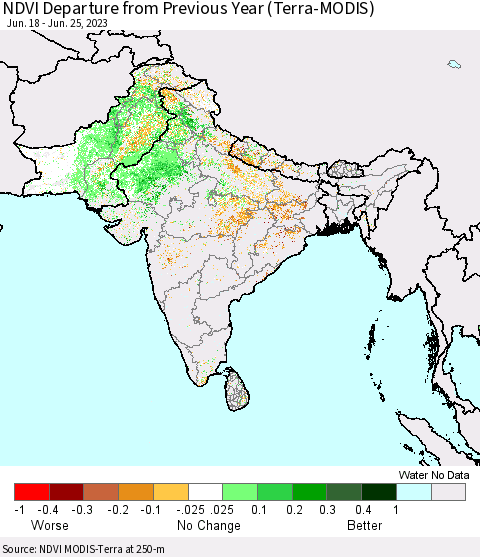 Southern Asia NDVI Departure from Previous Year (Terra-MODIS) Thematic Map For 6/18/2023 - 6/25/2023