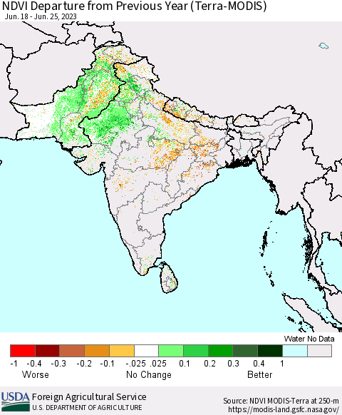 Southern Asia NDVI Departure from Previous Year (Terra-MODIS) Thematic Map For 6/21/2023 - 6/30/2023
