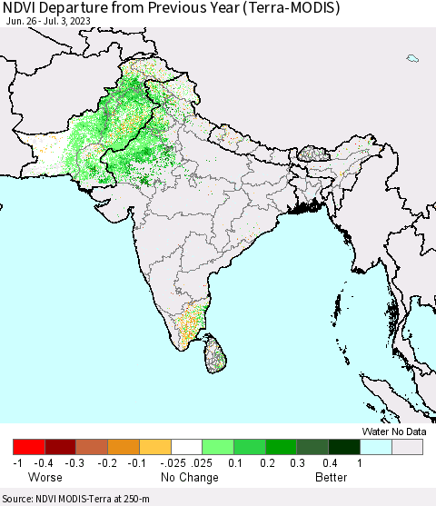 Southern Asia NDVI Departure from Previous Year (Terra-MODIS) Thematic Map For 6/26/2023 - 7/3/2023