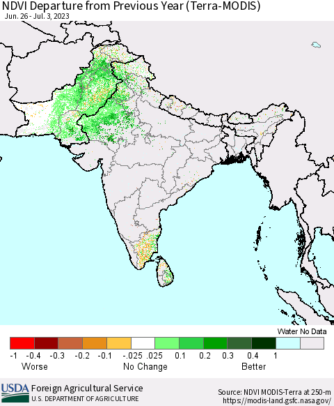 Southern Asia NDVI Departure from Previous Year (Terra-MODIS) Thematic Map For 7/1/2023 - 7/10/2023