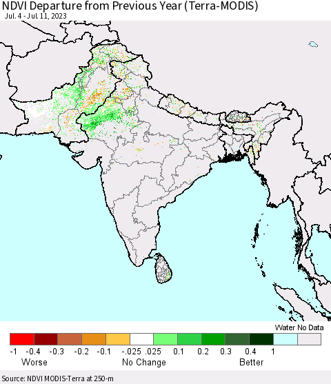 Southern Asia NDVI Departure from Previous Year (Terra-MODIS) Thematic Map For 7/4/2023 - 7/11/2023