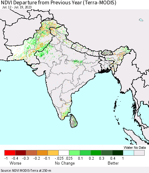 Southern Asia NDVI Departure from Previous Year (Terra-MODIS) Thematic Map For 7/12/2023 - 7/19/2023
