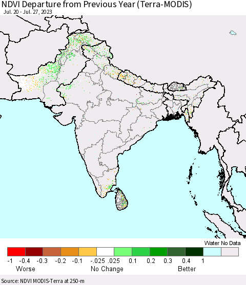 Southern Asia NDVI Departure from Previous Year (Terra-MODIS) Thematic Map For 7/20/2023 - 7/27/2023