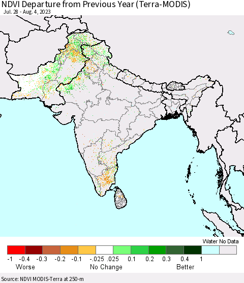 Southern Asia NDVI Departure from Previous Year (Terra-MODIS) Thematic Map For 7/28/2023 - 8/4/2023