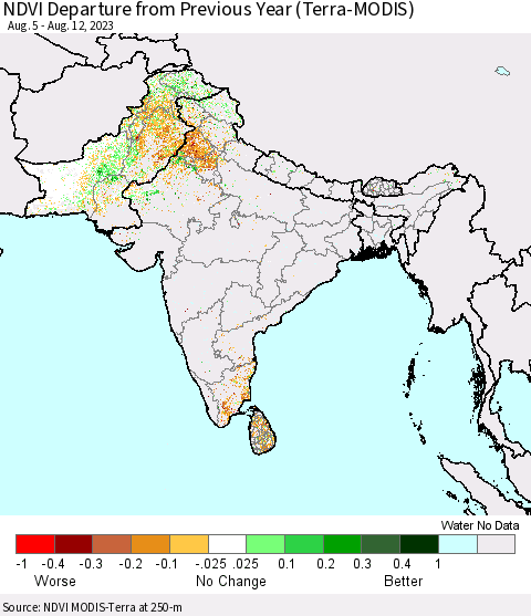 Southern Asia NDVI Departure from Previous Year (Terra-MODIS) Thematic Map For 8/5/2023 - 8/12/2023