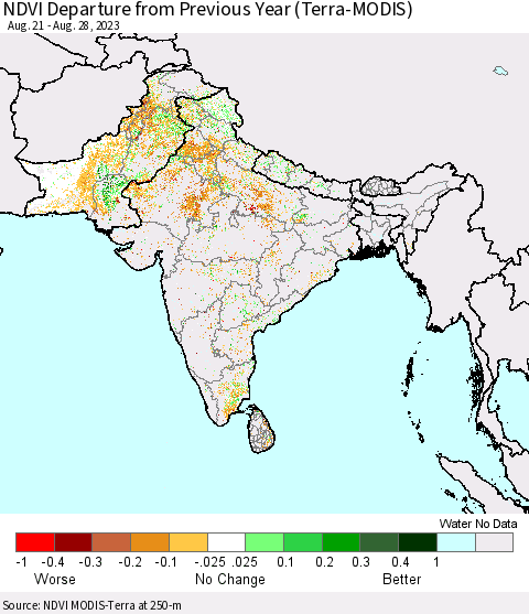 Southern Asia NDVI Departure from Previous Year (Terra-MODIS) Thematic Map For 8/21/2023 - 8/28/2023
