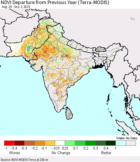 Southern Asia NDVI Departure from Previous Year (Terra-MODIS) Thematic Map For 8/29/2023 - 9/5/2023