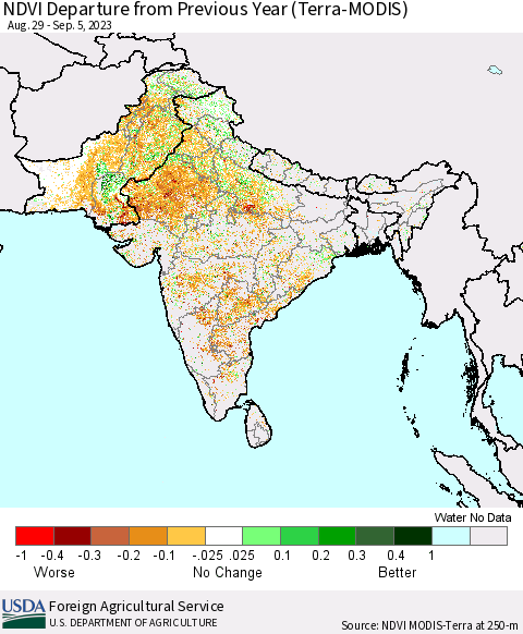 Southern Asia NDVI Departure from Previous Year (Terra-MODIS) Thematic Map For 9/1/2023 - 9/10/2023