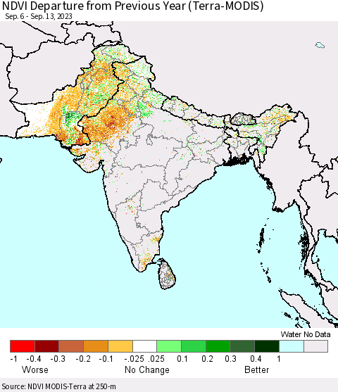 Southern Asia NDVI Departure from Previous Year (Terra-MODIS) Thematic Map For 9/6/2023 - 9/13/2023