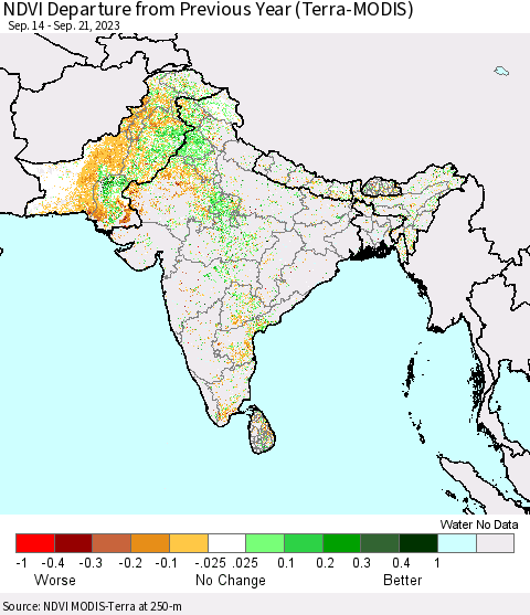 Southern Asia NDVI Departure from Previous Year (Terra-MODIS) Thematic Map For 9/14/2023 - 9/21/2023