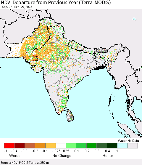 Southern Asia NDVI Departure from Previous Year (Terra-MODIS) Thematic Map For 9/22/2023 - 9/29/2023