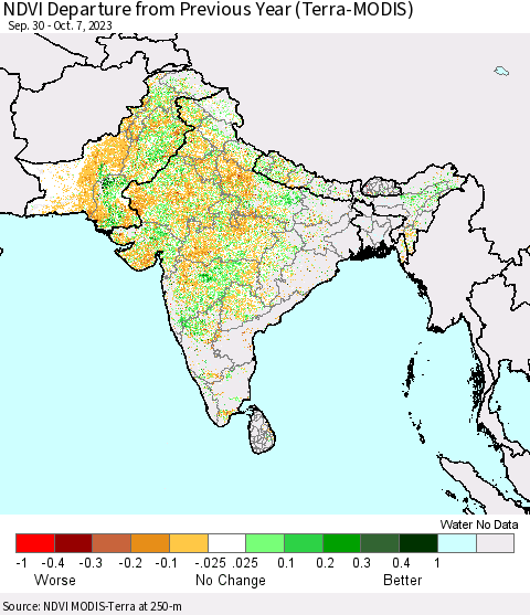 Southern Asia NDVI Departure from Previous Year (Terra-MODIS) Thematic Map For 9/30/2023 - 10/7/2023