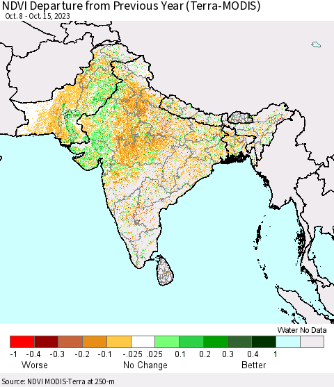 Southern Asia NDVI Departure from Previous Year (Terra-MODIS) Thematic Map For 10/8/2023 - 10/15/2023
