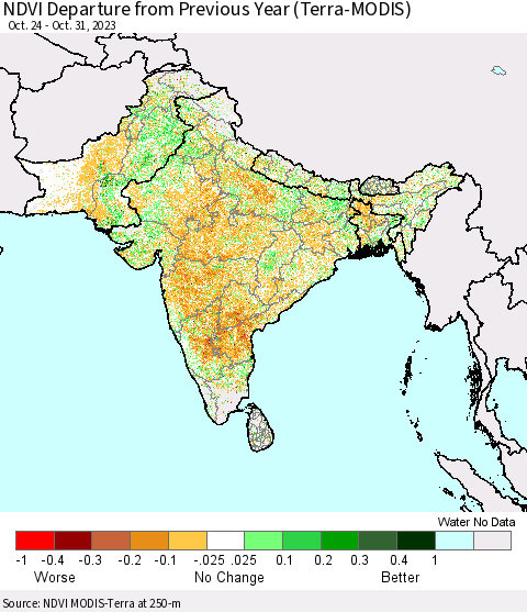 Southern Asia NDVI Departure from Previous Year (Terra-MODIS) Thematic Map For 10/24/2023 - 10/31/2023