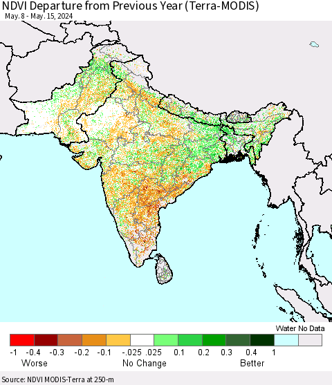 Southern Asia NDVI Departure from Previous Year (Terra-MODIS) Thematic Map For 5/8/2024 - 5/15/2024