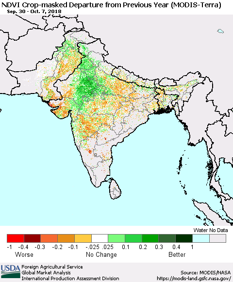 Southern Asia Cropland NDVI Departure from Previous Year (Terra-MODIS) Thematic Map For 10/1/2018 - 10/10/2018
