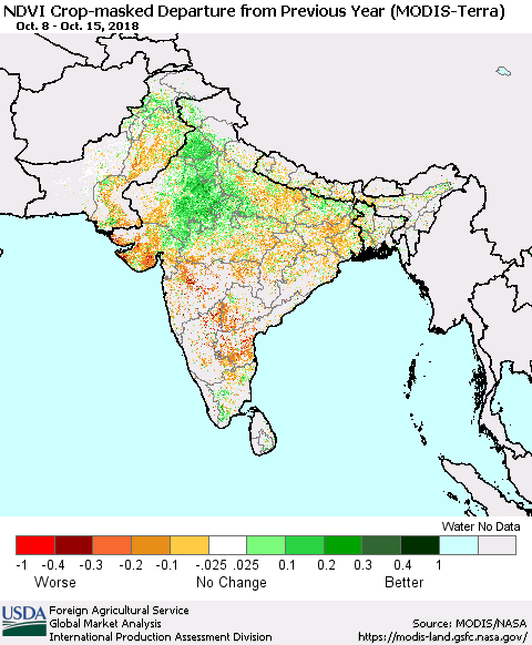 Southern Asia Cropland NDVI Departure from Previous Year (Terra-MODIS) Thematic Map For 10/11/2018 - 10/20/2018