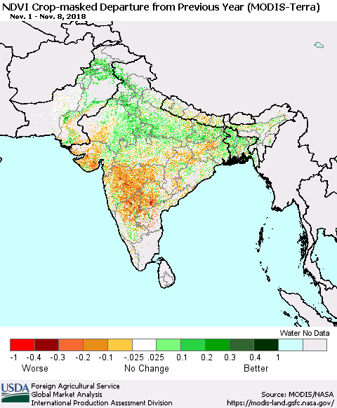 Southern Asia Cropland NDVI Departure from Previous Year (Terra-MODIS) Thematic Map For 11/1/2018 - 11/10/2018