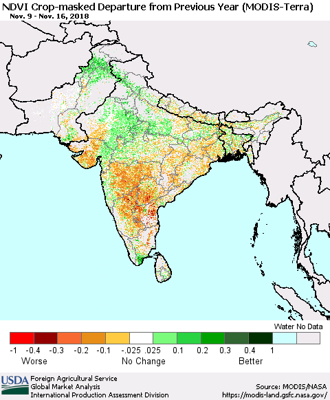 Southern Asia Cropland NDVI Departure from Previous Year (Terra-MODIS) Thematic Map For 11/11/2018 - 11/20/2018