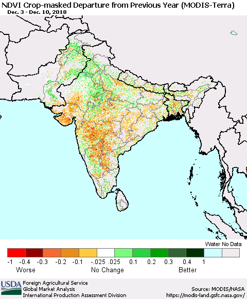 Southern Asia Cropland NDVI Departure from Previous Year (Terra-MODIS) Thematic Map For 12/1/2018 - 12/10/2018