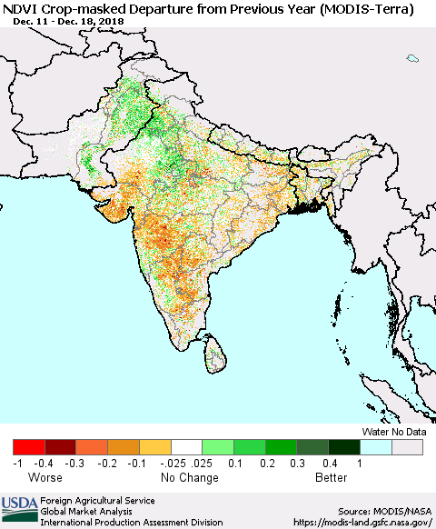 Southern Asia Cropland NDVI Departure from Previous Year (Terra-MODIS) Thematic Map For 12/11/2018 - 12/20/2018