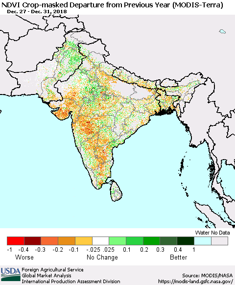 Southern Asia Cropland NDVI Departure from Previous Year (Terra-MODIS) Thematic Map For 12/21/2018 - 12/31/2018