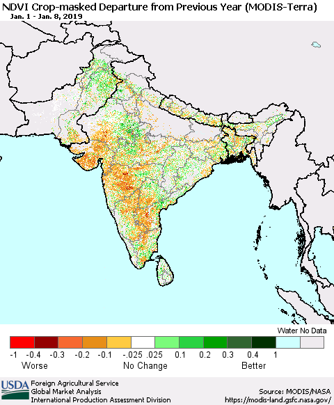Southern Asia Cropland NDVI Departure from Previous Year (Terra-MODIS) Thematic Map For 1/1/2019 - 1/10/2019