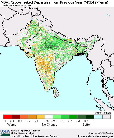 Southern Asia Cropland NDVI Departure from Previous Year (Terra-MODIS) Thematic Map For 3/1/2019 - 3/10/2019
