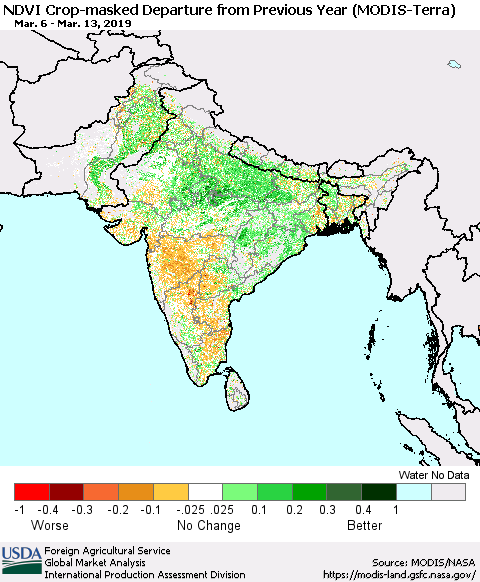 Southern Asia Cropland NDVI Departure from Previous Year (Terra-MODIS) Thematic Map For 3/11/2019 - 3/20/2019
