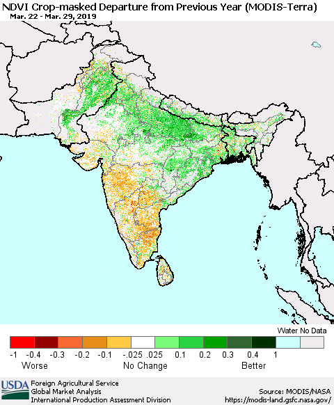 Southern Asia Cropland NDVI Departure from Previous Year (Terra-MODIS) Thematic Map For 3/21/2019 - 3/31/2019