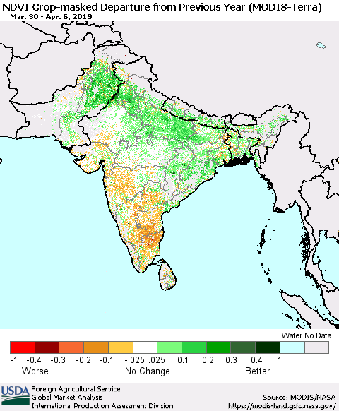Southern Asia Cropland NDVI Departure from Previous Year (Terra-MODIS) Thematic Map For 4/1/2019 - 4/10/2019