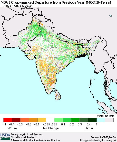 Southern Asia Cropland NDVI Departure from Previous Year (Terra-MODIS) Thematic Map For 4/11/2019 - 4/20/2019