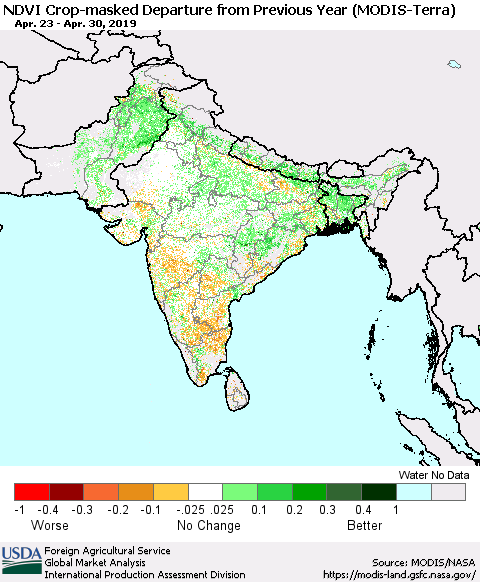 Southern Asia Cropland NDVI Departure from Previous Year (Terra-MODIS) Thematic Map For 4/21/2019 - 4/30/2019