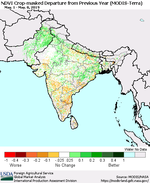 Southern Asia NDVI Crop-masked Departure from Previous Year (MODIS-Terra) Thematic Map For 5/1/2019 - 5/10/2019