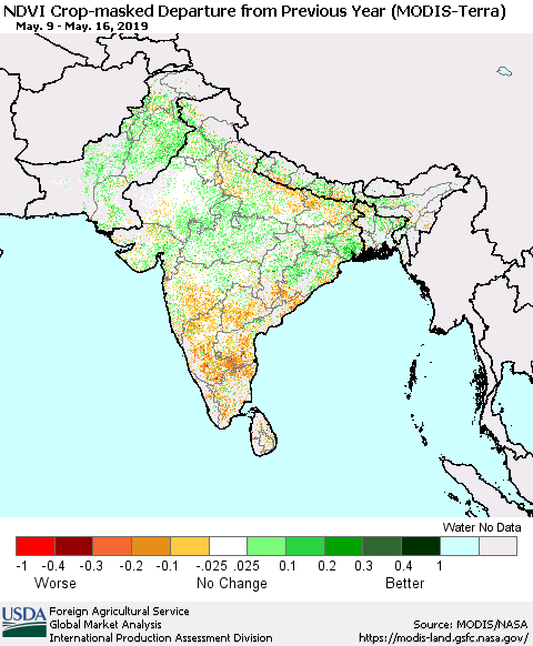 Southern Asia NDVI Crop-masked Departure from Previous Year (MODIS-Terra) Thematic Map For 5/11/2019 - 5/20/2019