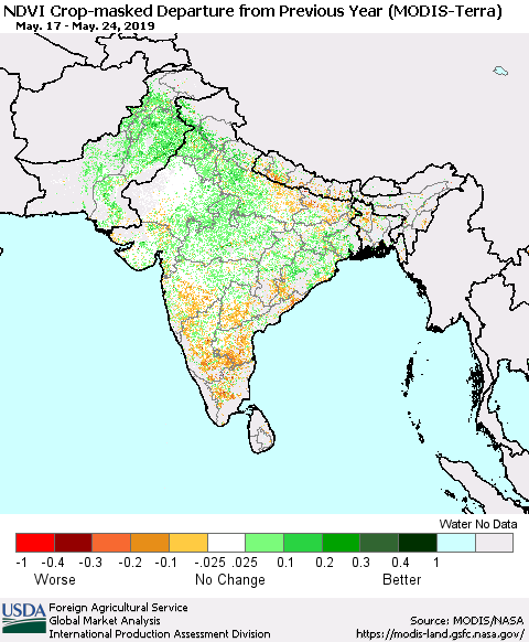Southern Asia NDVI Crop-masked Departure from Previous Year (MODIS-Terra) Thematic Map For 5/21/2019 - 5/31/2019