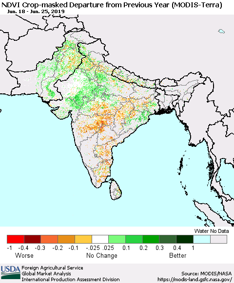 Southern Asia NDVI Crop-masked Departure from Previous Year (MODIS-Terra) Thematic Map For 6/21/2019 - 6/30/2019