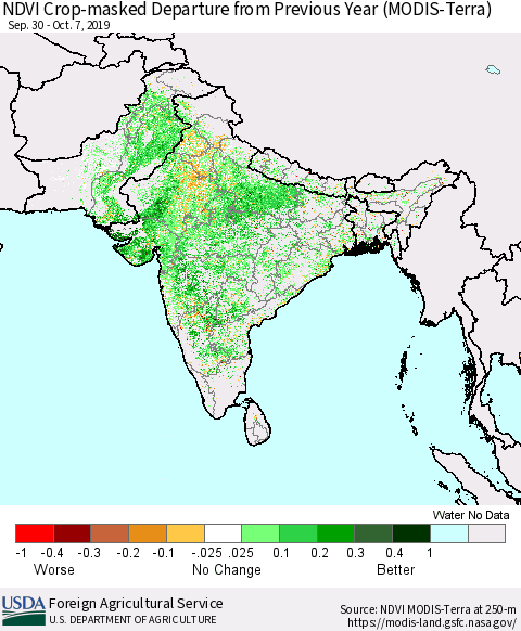 Southern Asia NDVI Crop-masked Departure from Previous Year (MODIS-Terra) Thematic Map For 10/1/2019 - 10/10/2019