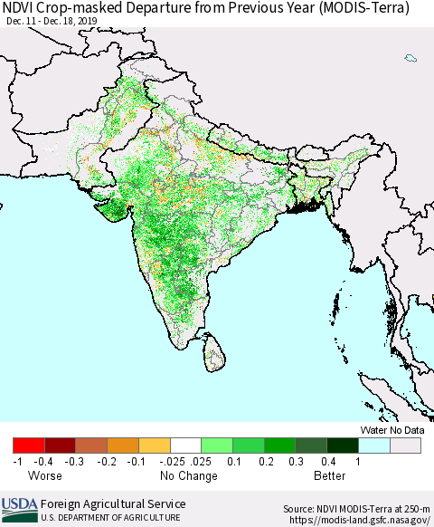 Southern Asia Cropland NDVI Departure from Previous Year (Terra-MODIS) Thematic Map For 12/11/2019 - 12/20/2019