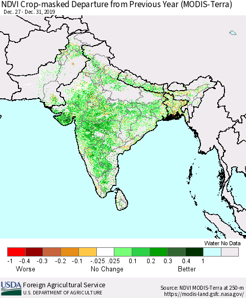 Southern Asia NDVI Crop-masked Departure from Previous Year (MODIS-Terra) Thematic Map For 12/21/2019 - 12/31/2019
