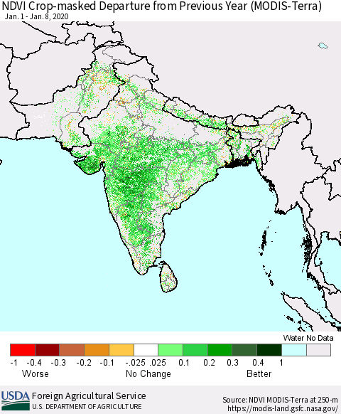 Southern Asia NDVI Crop-masked Departure from Previous Year (MODIS-Terra) Thematic Map For 1/1/2020 - 1/10/2020